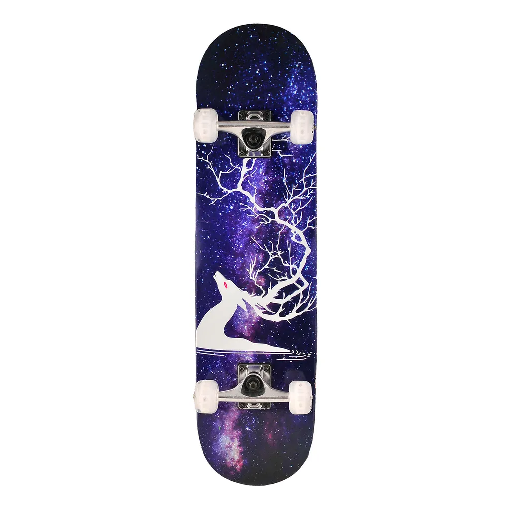 Unibest Skateboard komplett 80x20cm Ahornholz mit LED-Leuchtrolle Motiv weiß Hirsch